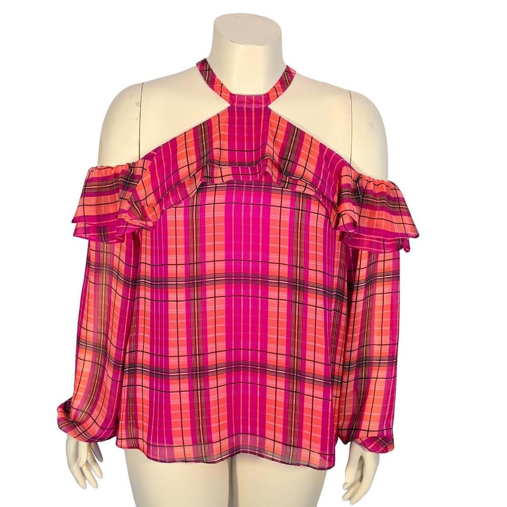 INC International Concepts Blouse Women L Pink Plaid Chiffon